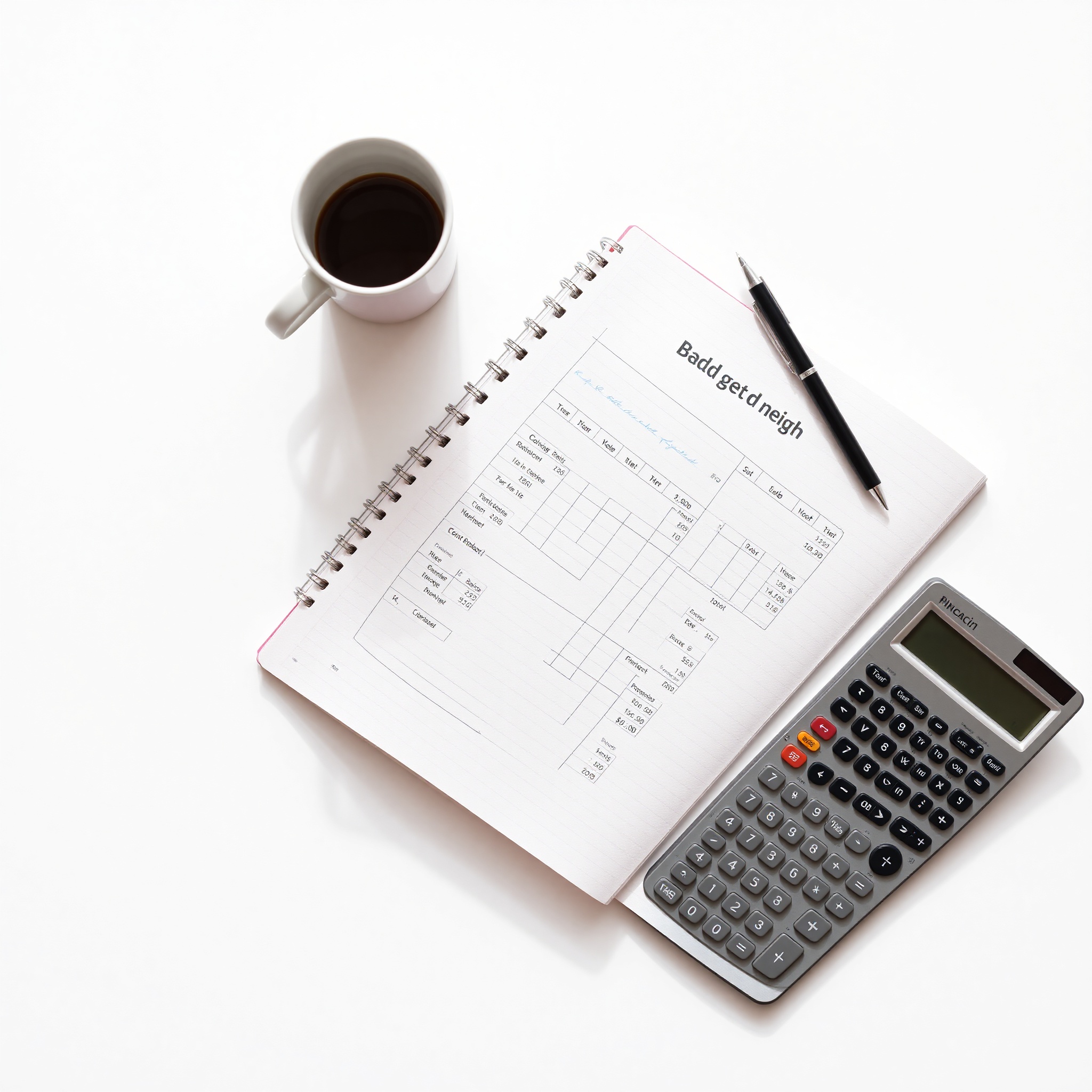 Budget planning notebook and calculator on desk