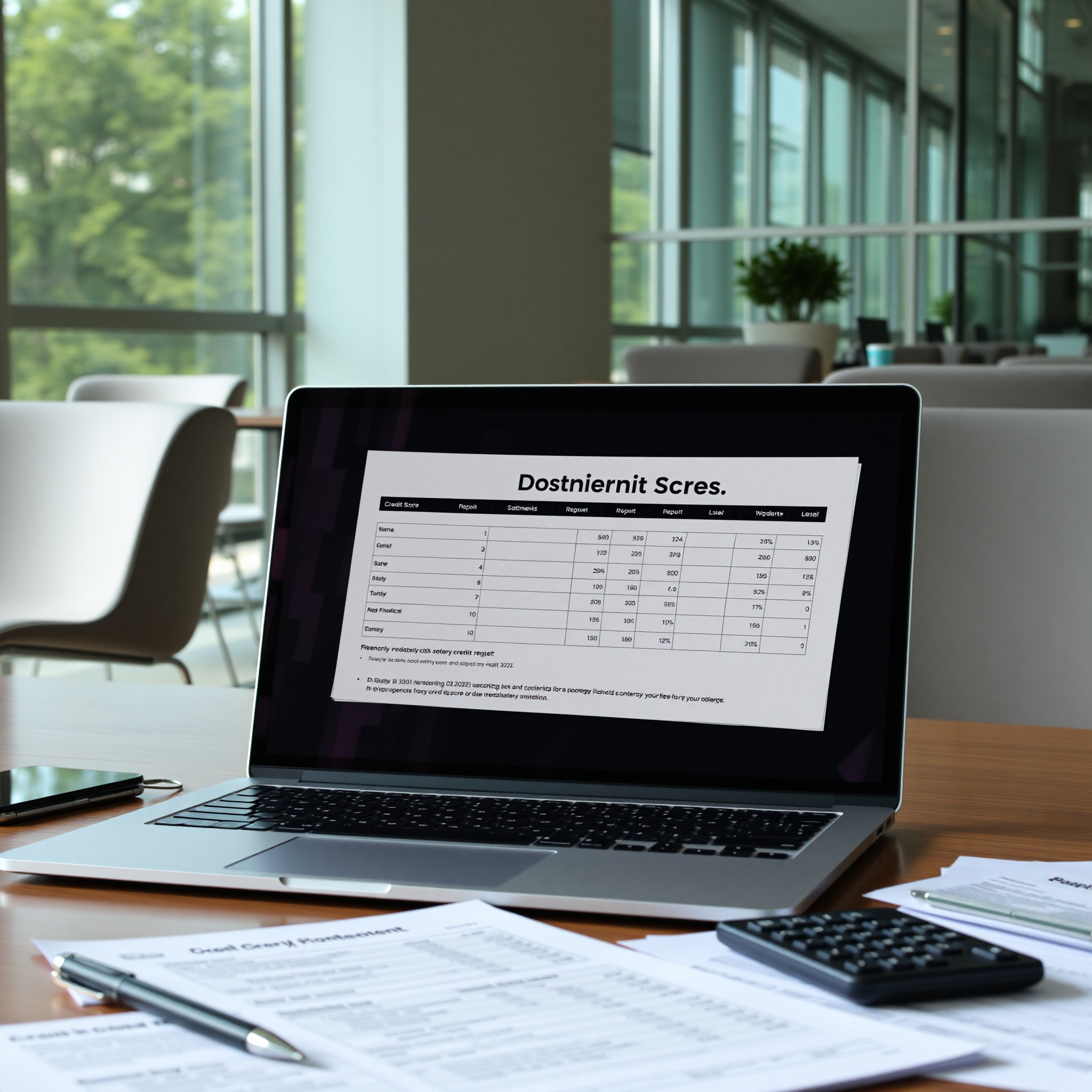 Credit score report document on desk with laptop