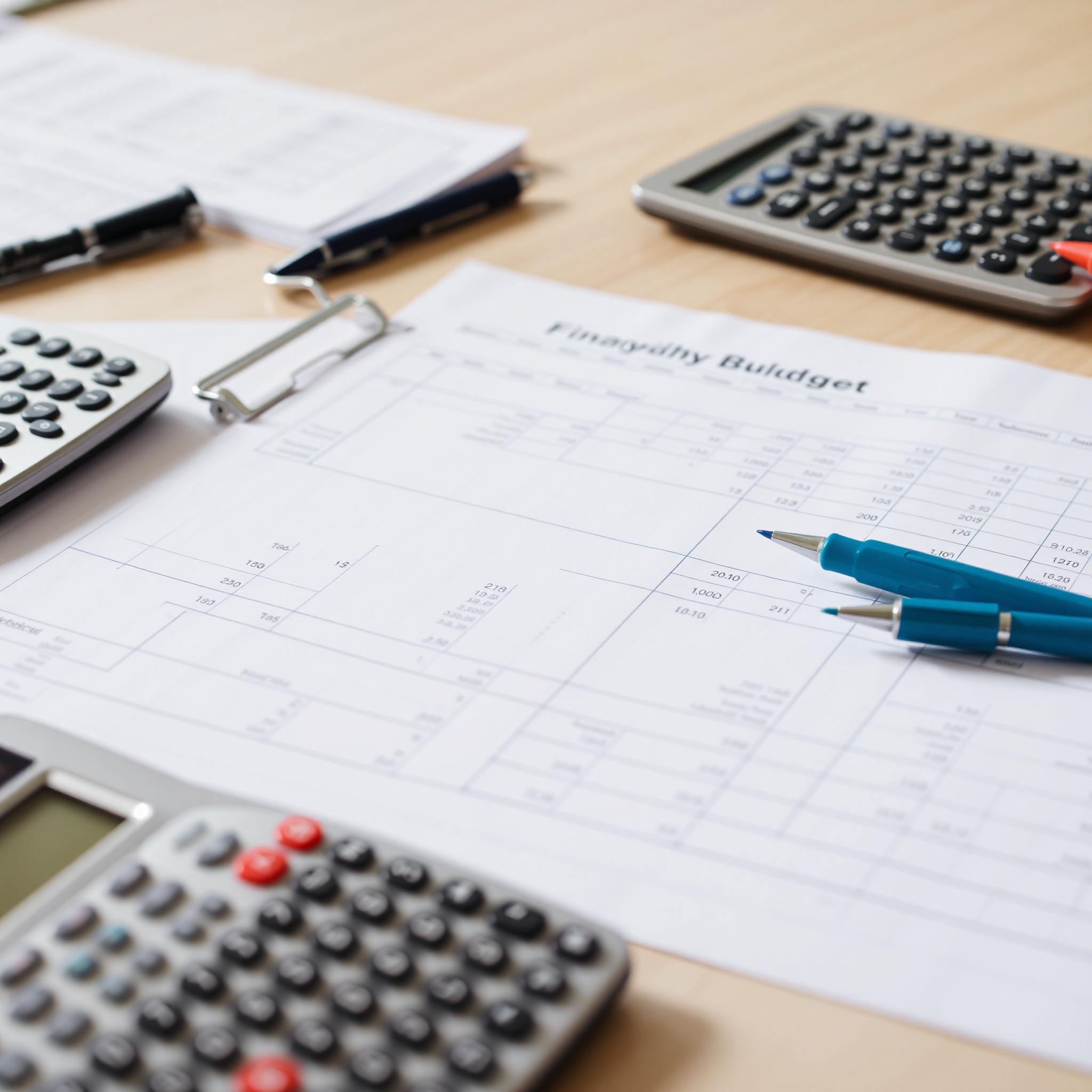 Detailed budget planning spreadsheet with categories, numbers, and colored markers on desk