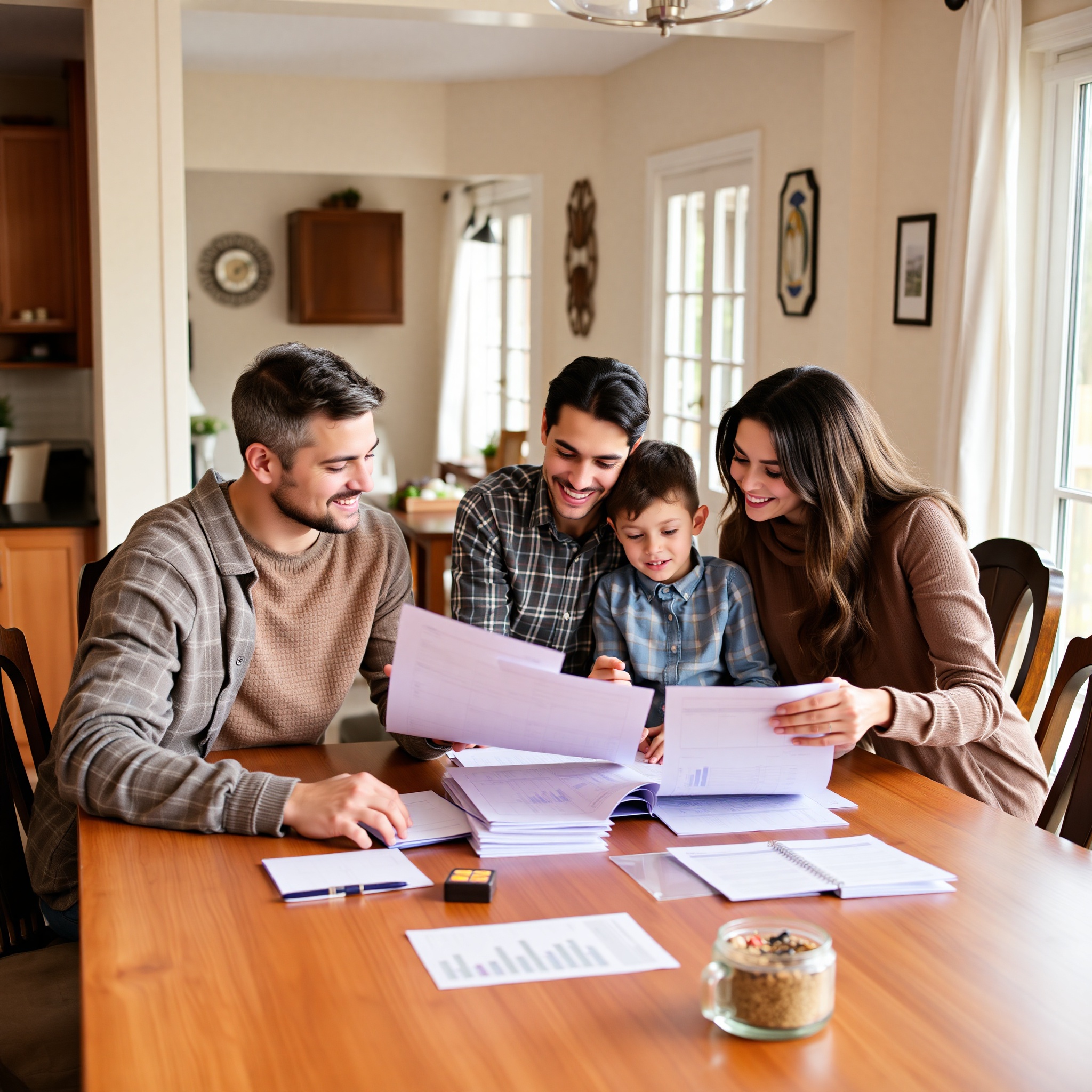 Family having financial planning discussion at home with documents and calculator on table