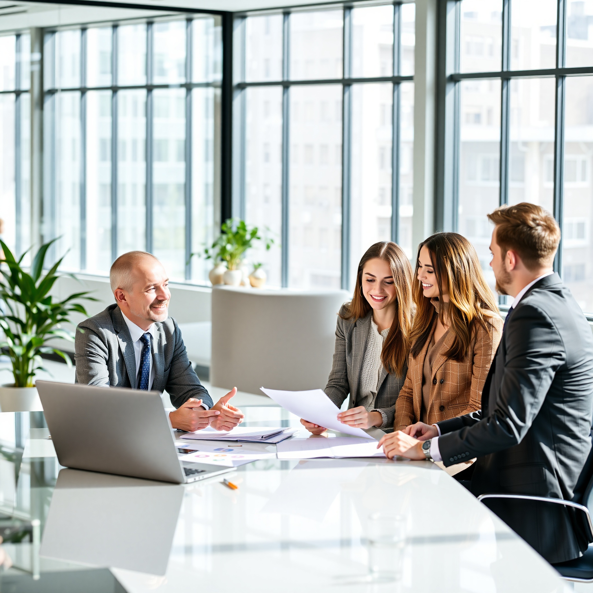 Professional financial advisor helping young couple understand investment strategy at modern office desk with laptop and financial charts