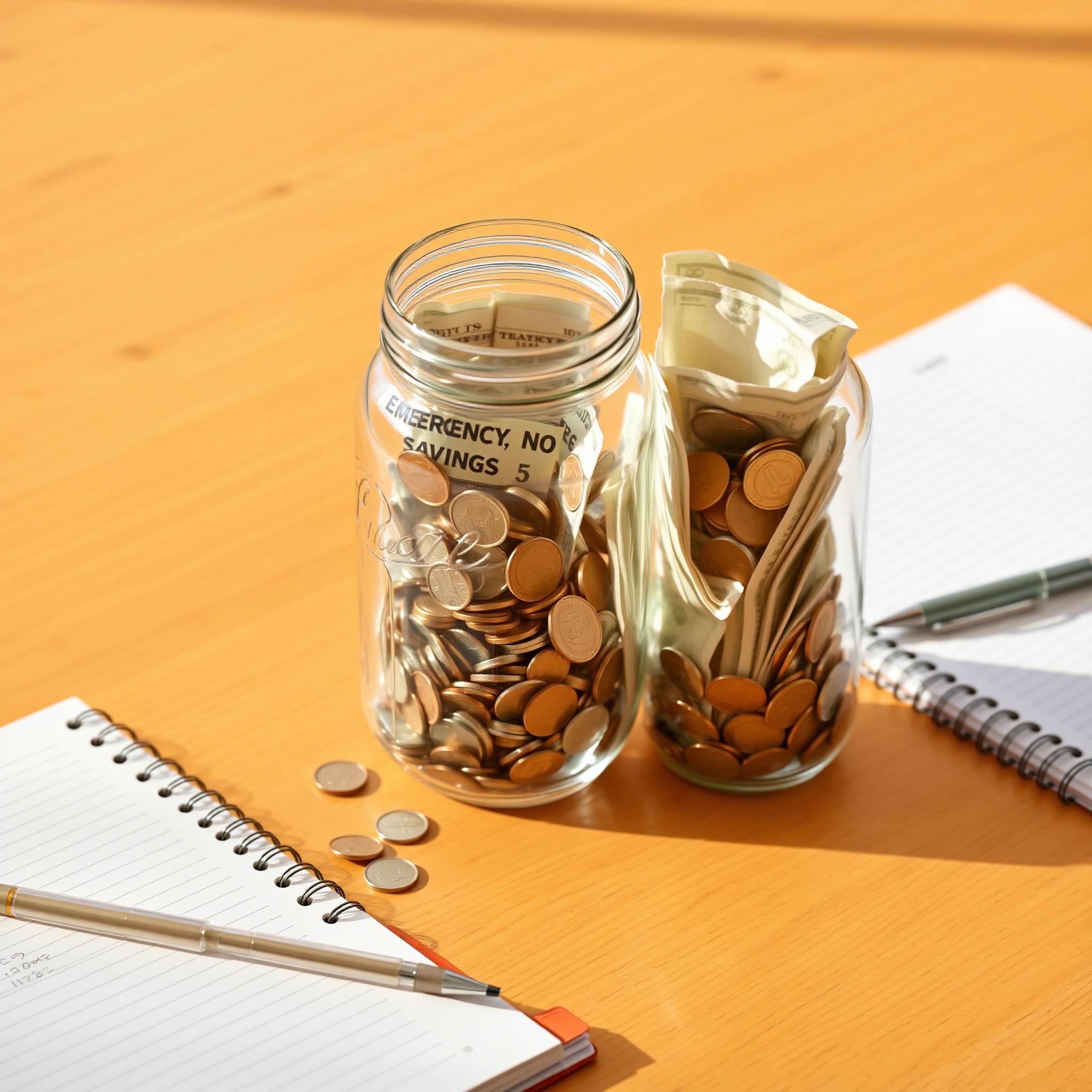 Emergency fund jar with coins and bills, financial planning notebook, pen on wooden surface