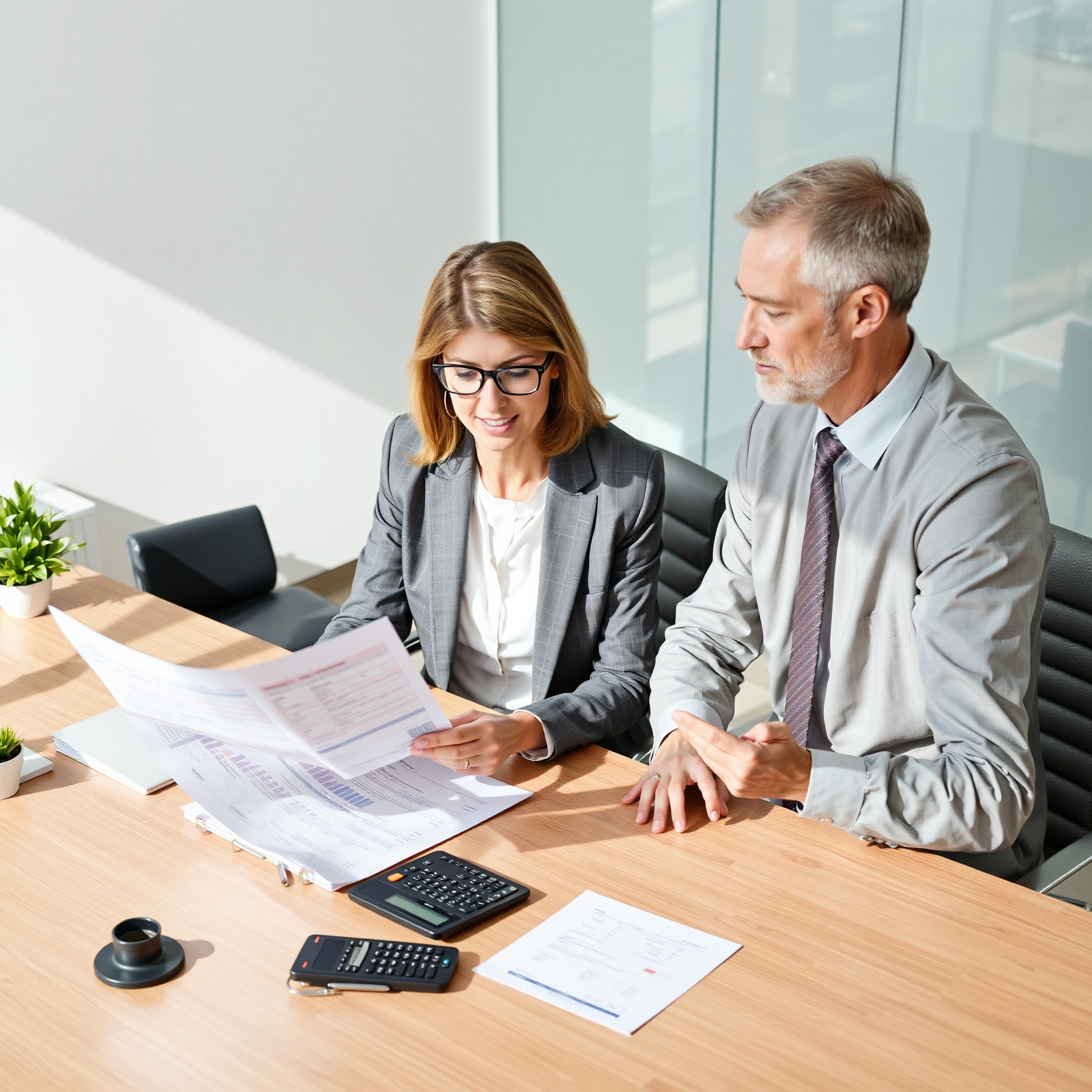 Financial professional reviewing credit report documents on desk with calculator and pen