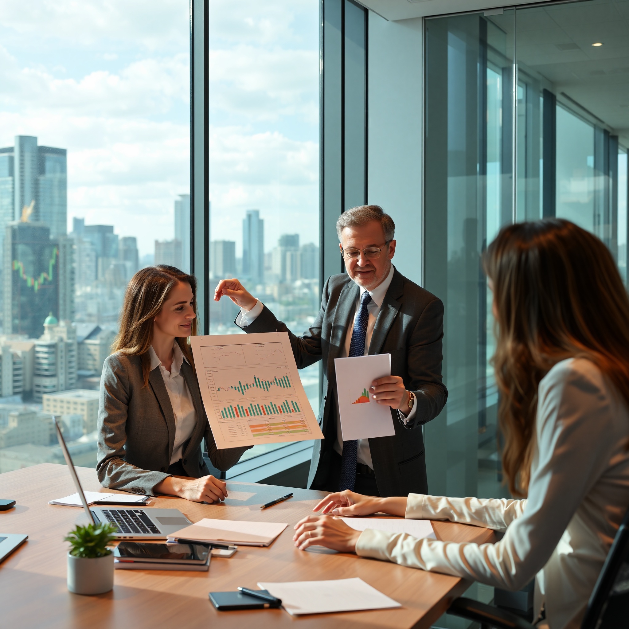Financial advisor discussing investment portfolio with client in professional office