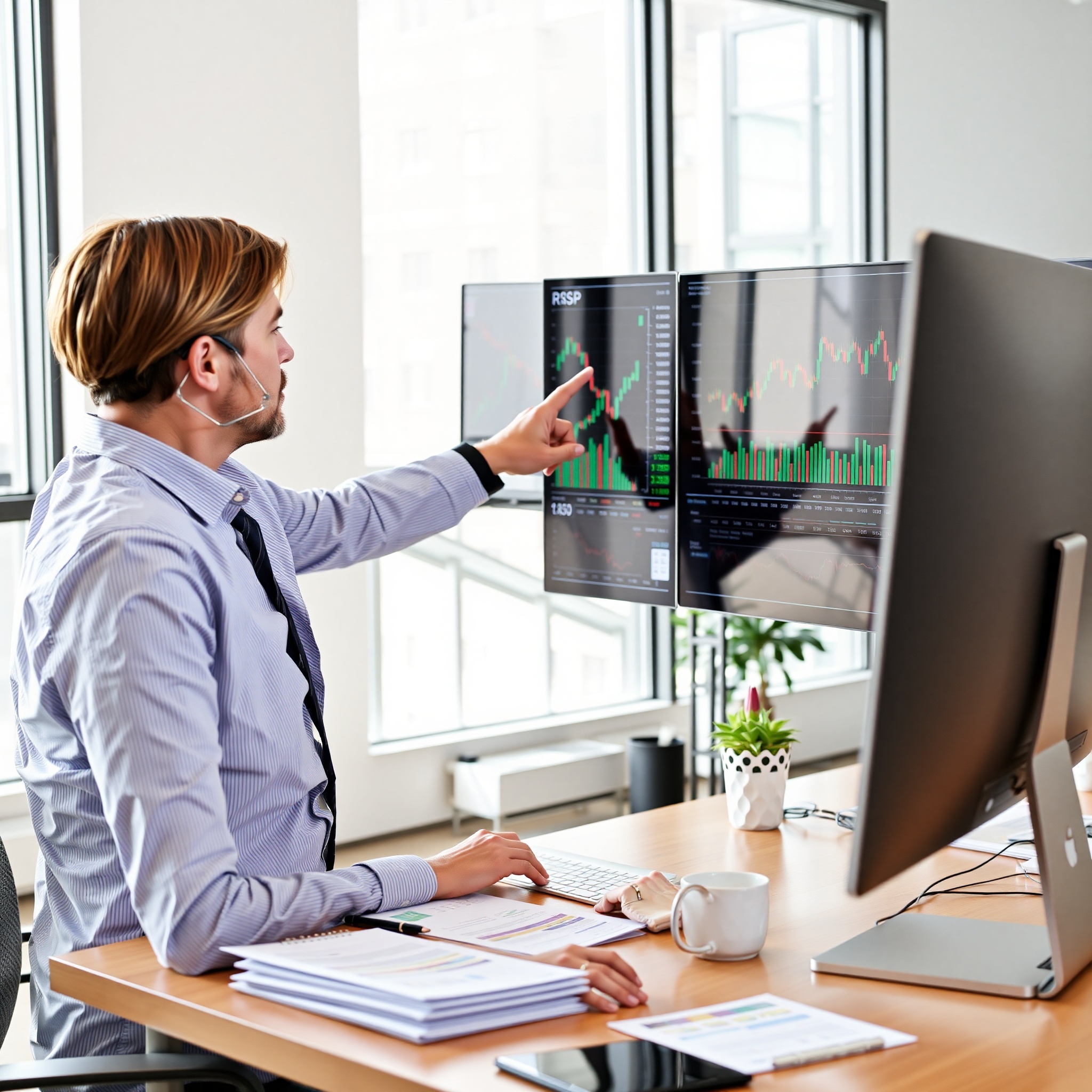Investment advisor explaining portfolio strategy with growth chart on screen