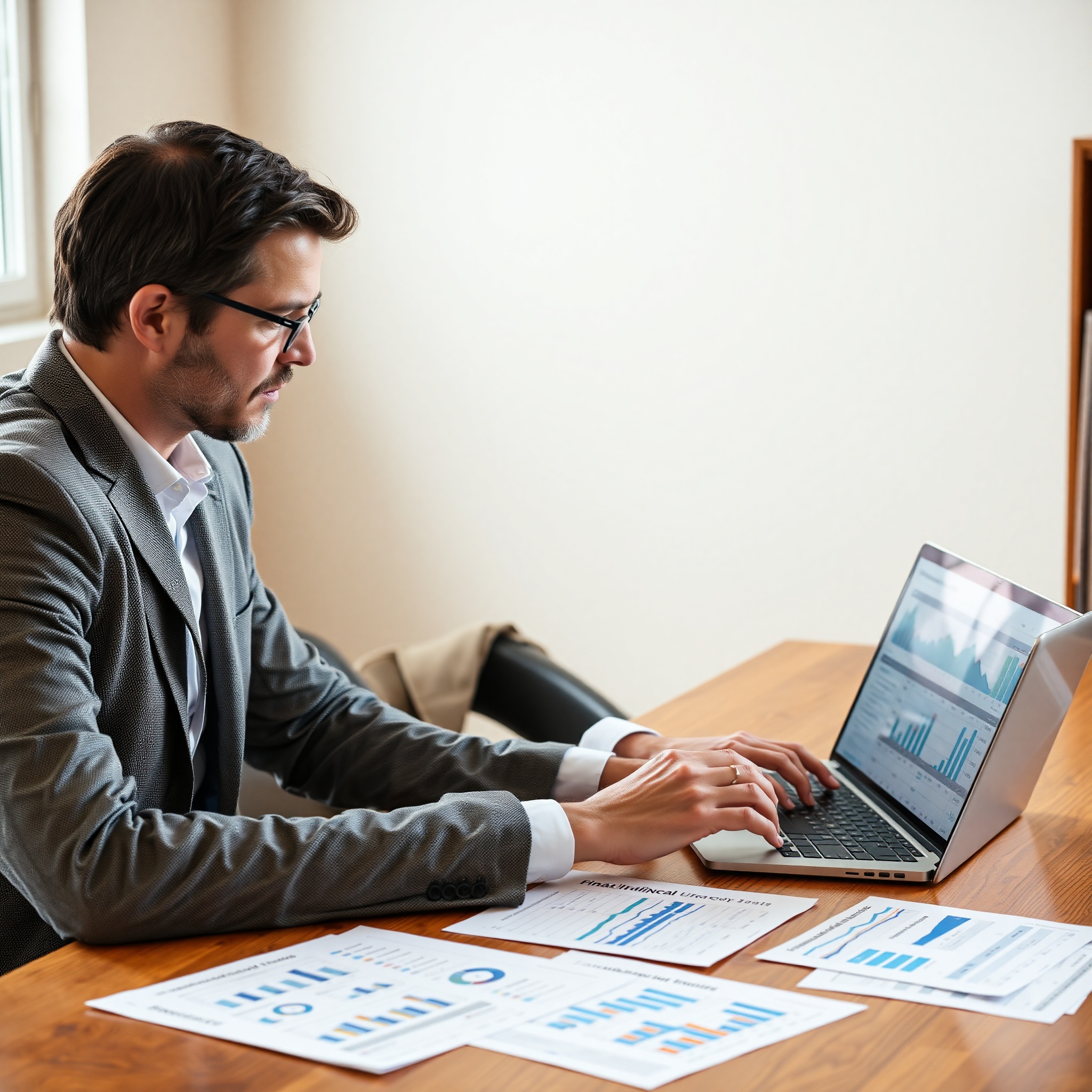 Professional financial advisor working with client on budget planning at desk with charts and laptop