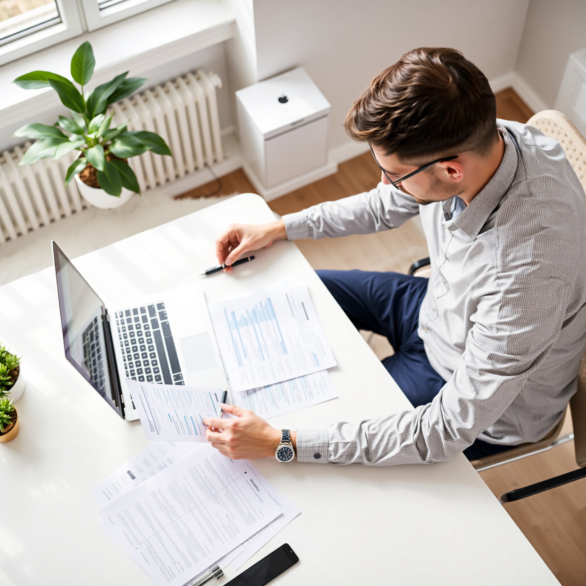 Person reviewing credit report document with calculator and laptop