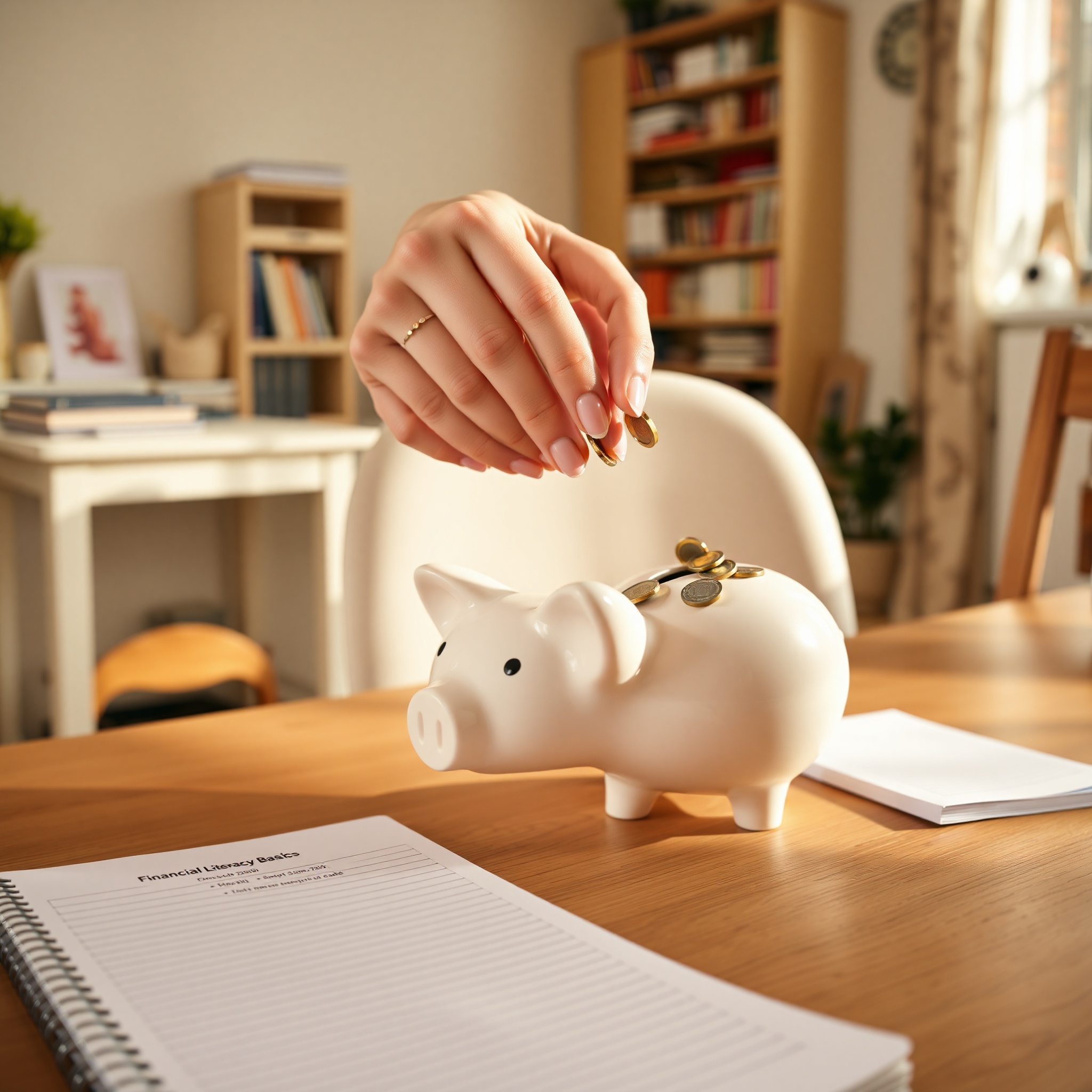Young professional saving money with piggy bank, calculator, and financial planning notebook on clean workspace