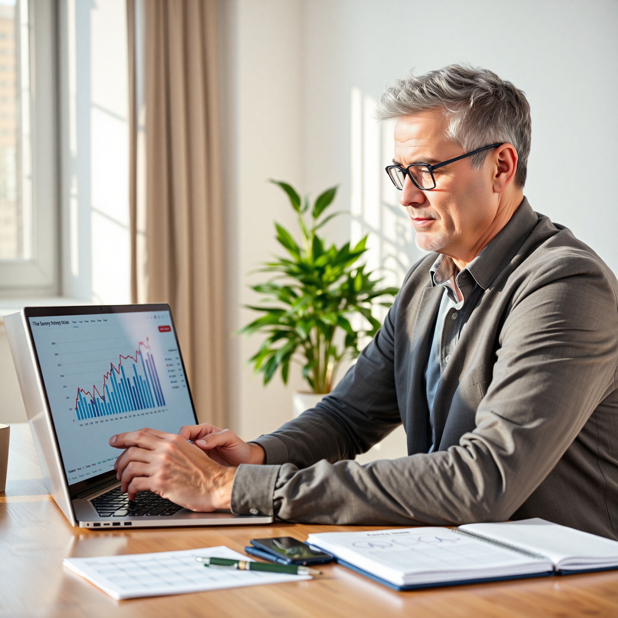 Man in 40s with grey-streaked hair working on laptop showing savings growth chart, warm office setting with green plant, notebook, and pen on desk