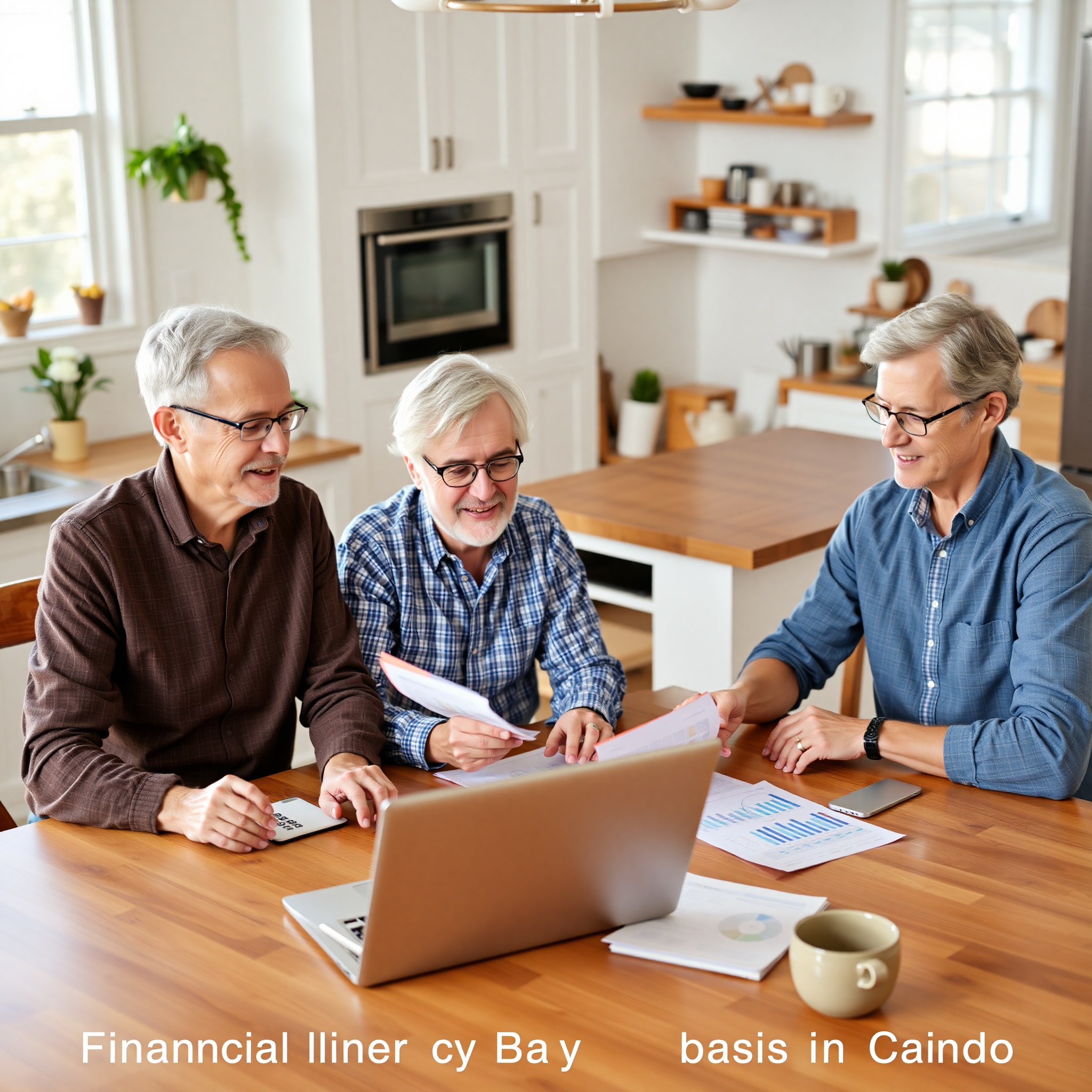 Mature couple reviewing investment portfolio documents together at home with laptop and coffee