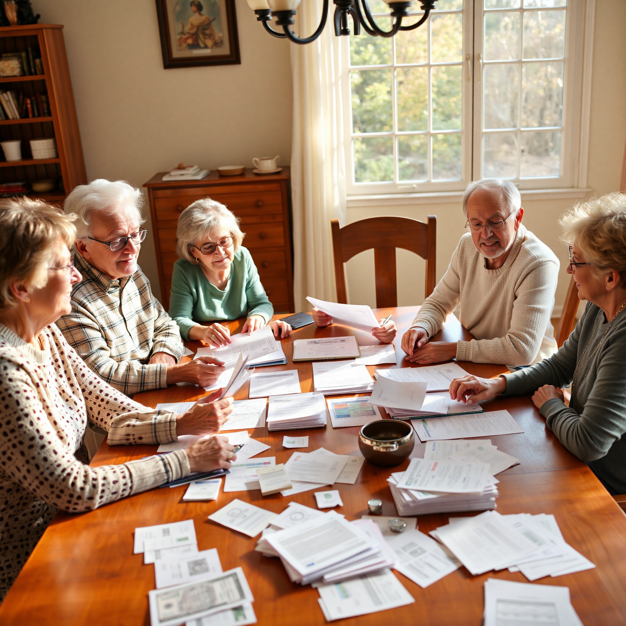 Family sitting together reviewing household expenses and bills at dining table with organized documents