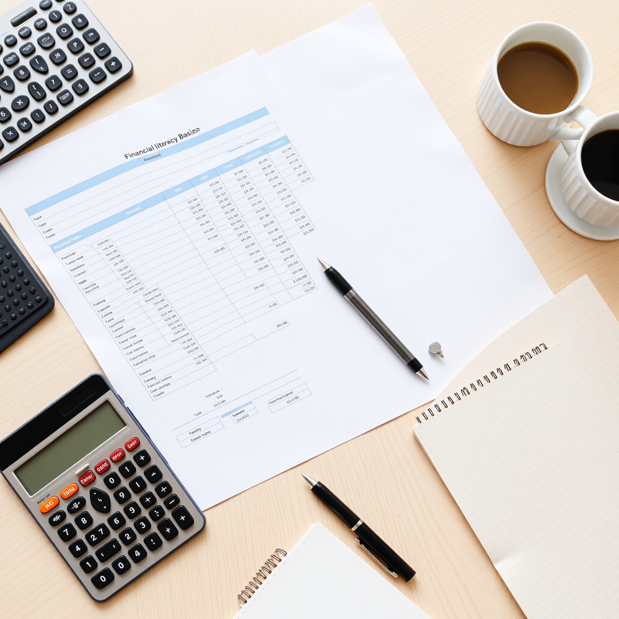 Professional workspace with financial planning documents and calculator on desk