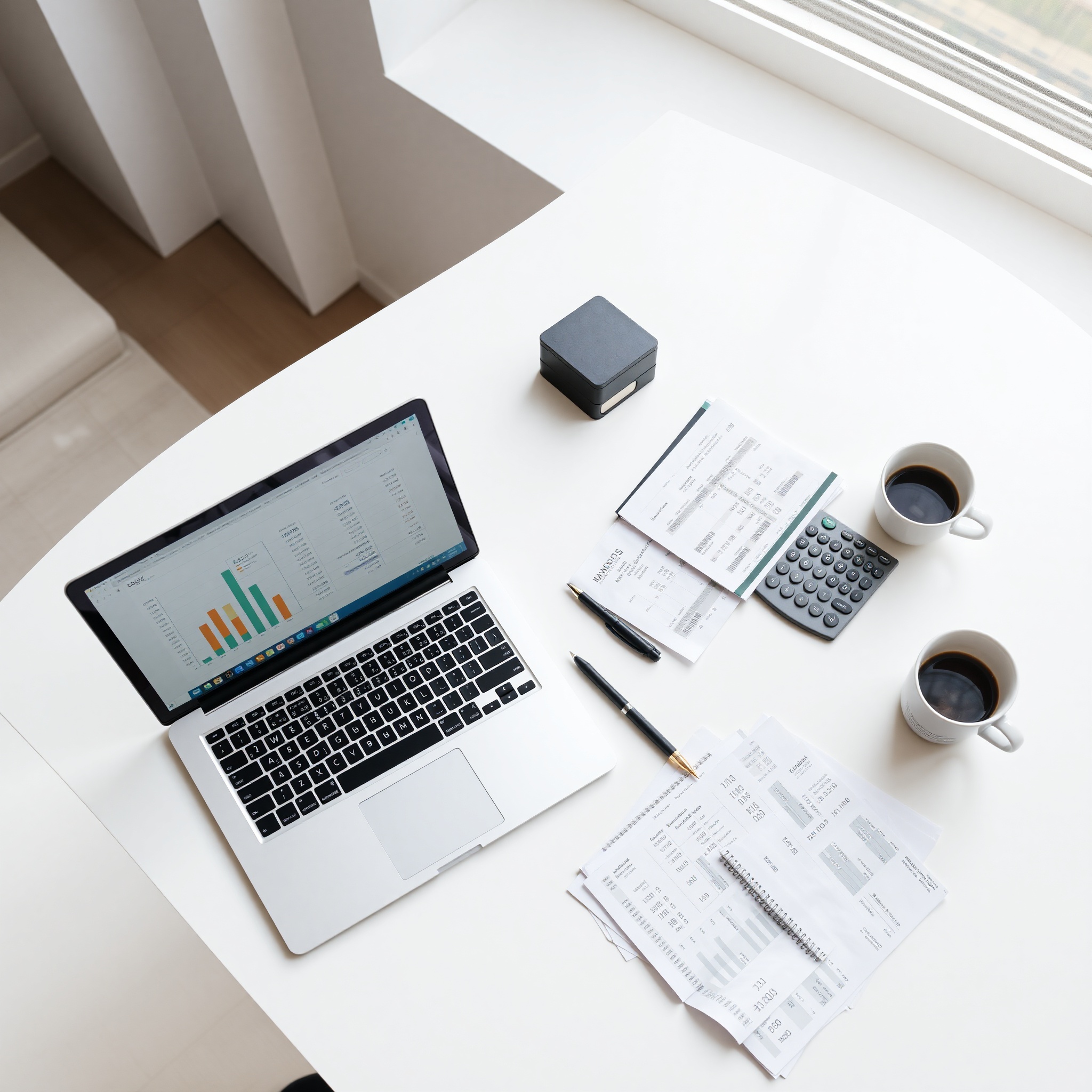 Professional financial planning workspace with budget spreadsheet on laptop, calculator, and financial documents