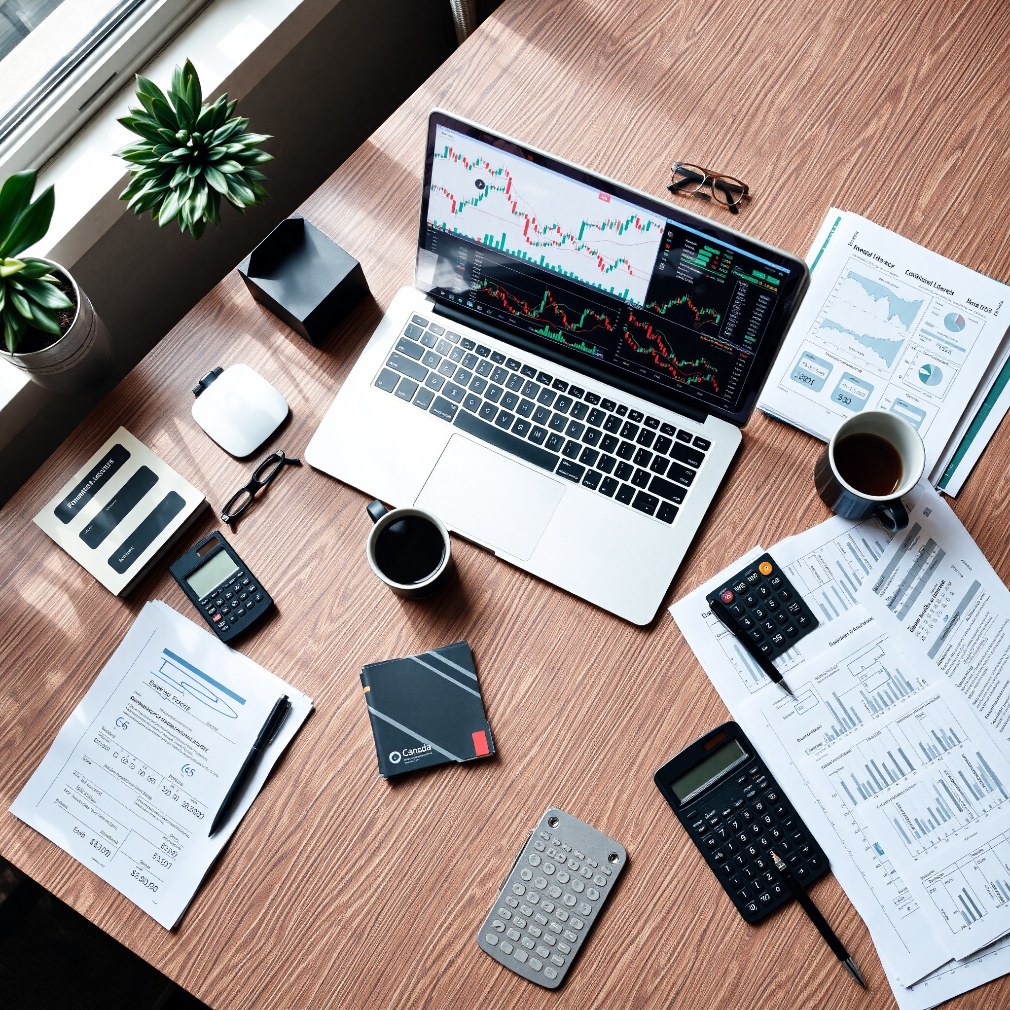 Professional workspace with investment charts and financial planning documents on modern desk