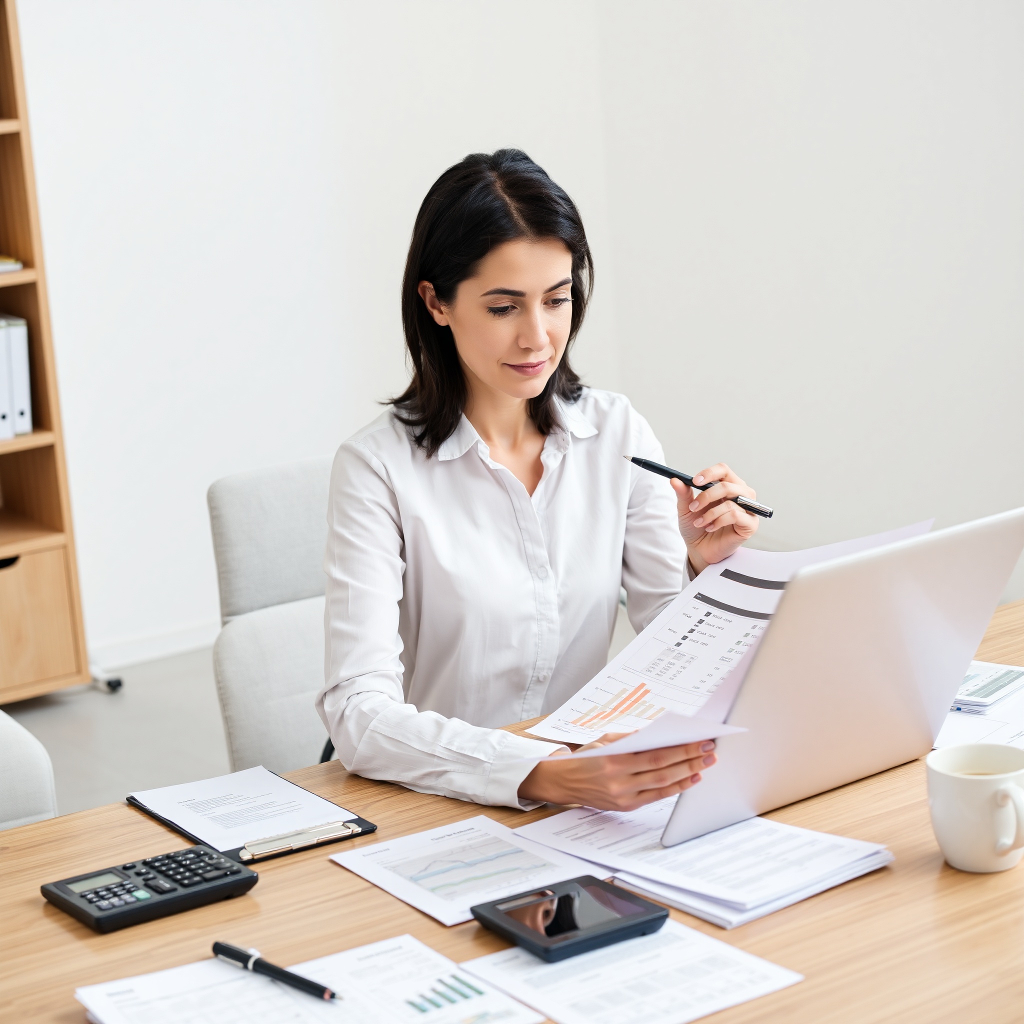 Professional woman reviewing financial documents at desk with calculator and notebook, natural office lighting