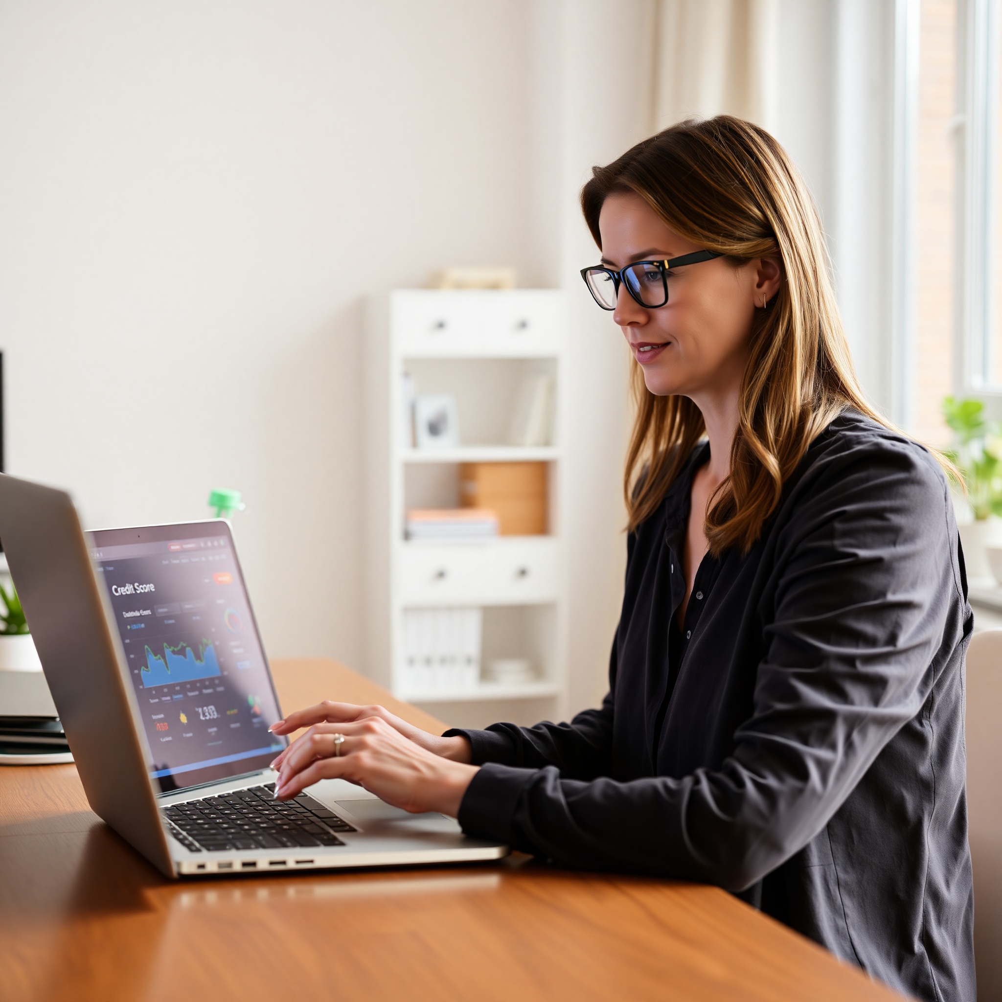 Person using laptop showing credit score dashboard with rating and financial metrics displayed on screen