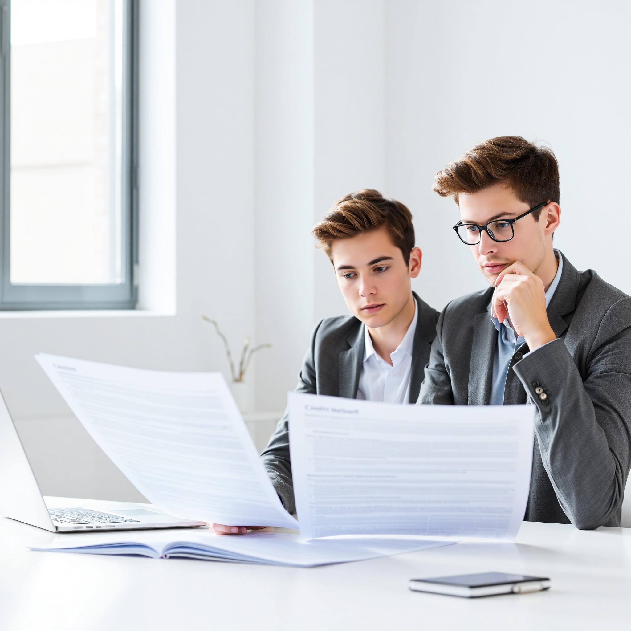Student or young adult reviewing credit report documents with thoughtful expression in bright modern space