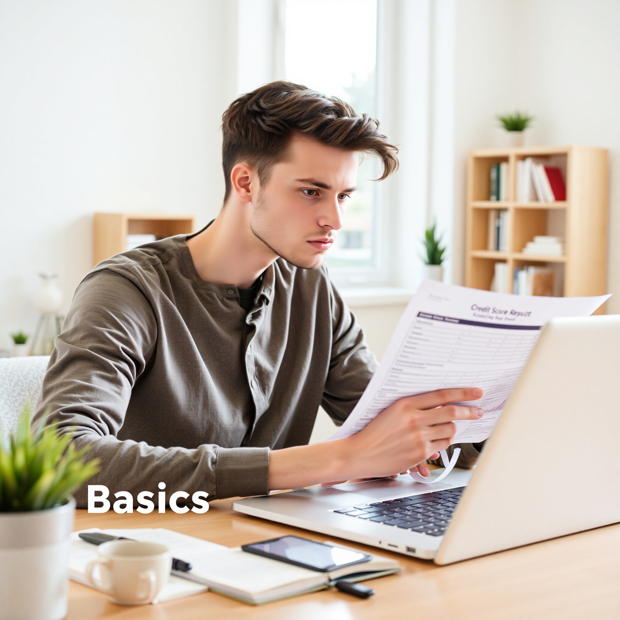 Student or young adult reviewing credit report documents with thoughtful expression in bright modern space