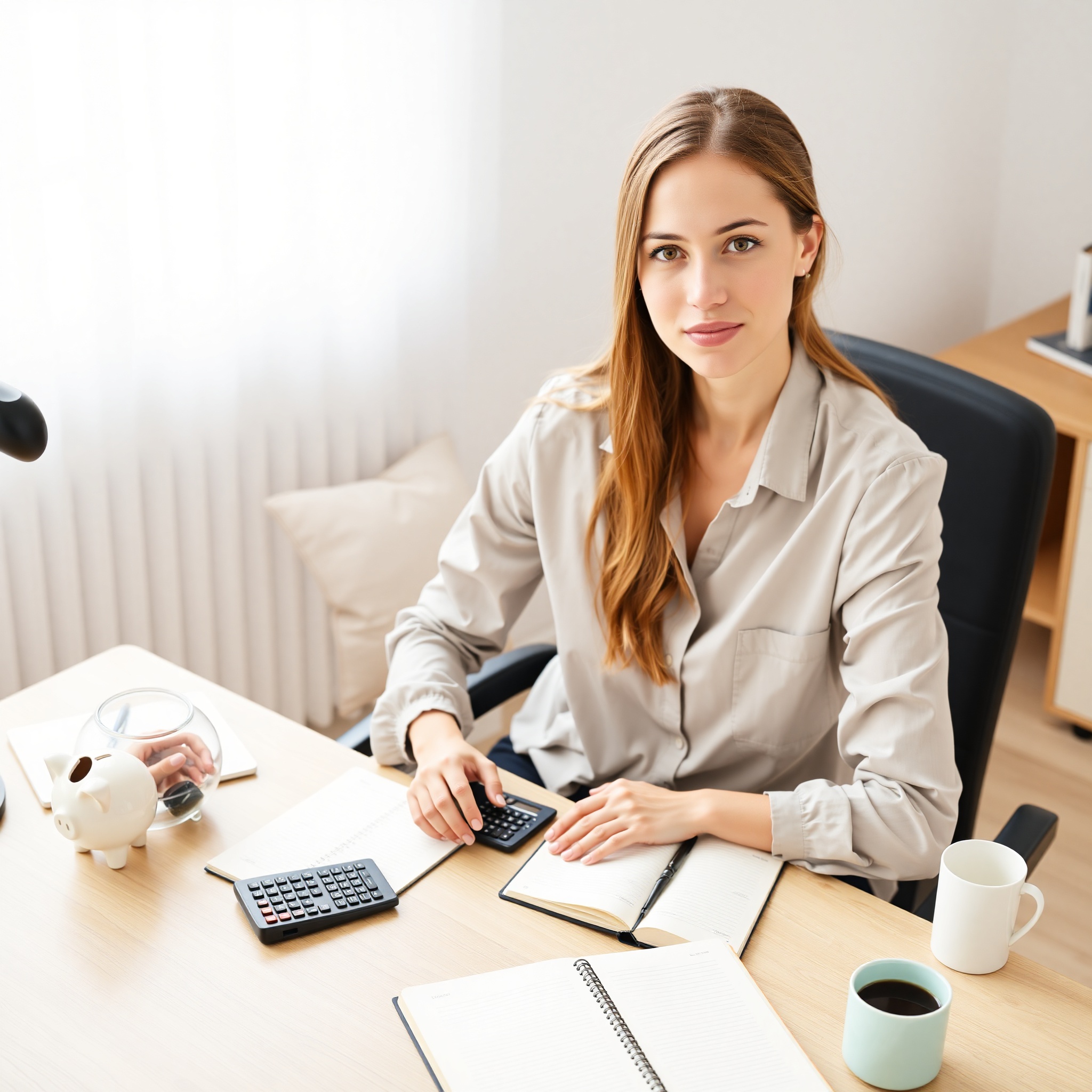 Young professional saving money with piggy bank, calculator, and financial planning notebook on clean workspace